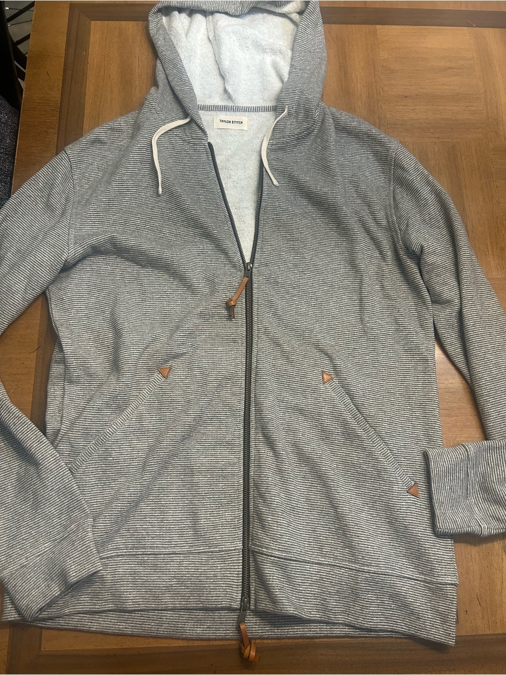 Taylor Stitch Light Gray Zip-Up Hoodie with Subtle Stripe